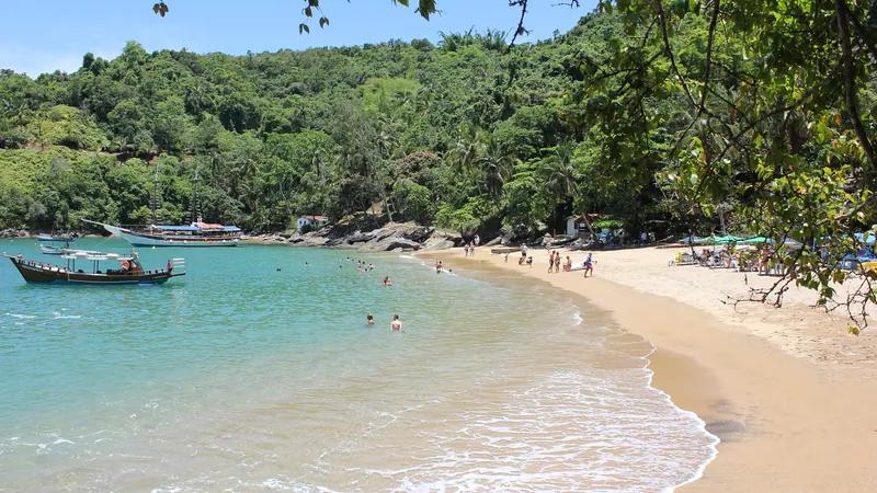 Praia da Fome, em Ilhabela: enseada de água verde-clara, barcos de passeio ancorados, faixa de areia e Mata Atlântica em volta
